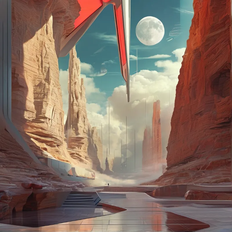 Futuristic red and white structures span a sandy canyon gorge with towering cliff faces and a bright full moon in the sky.