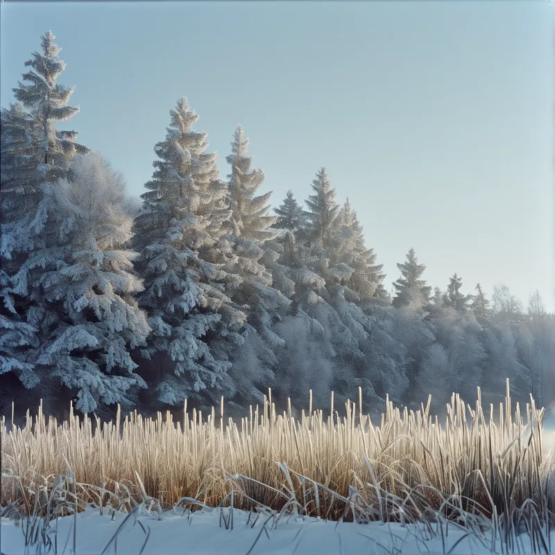 A winter scene showing snow covered evergreen trees behind a field of tall frosted brown grass under a clear blue sky.
