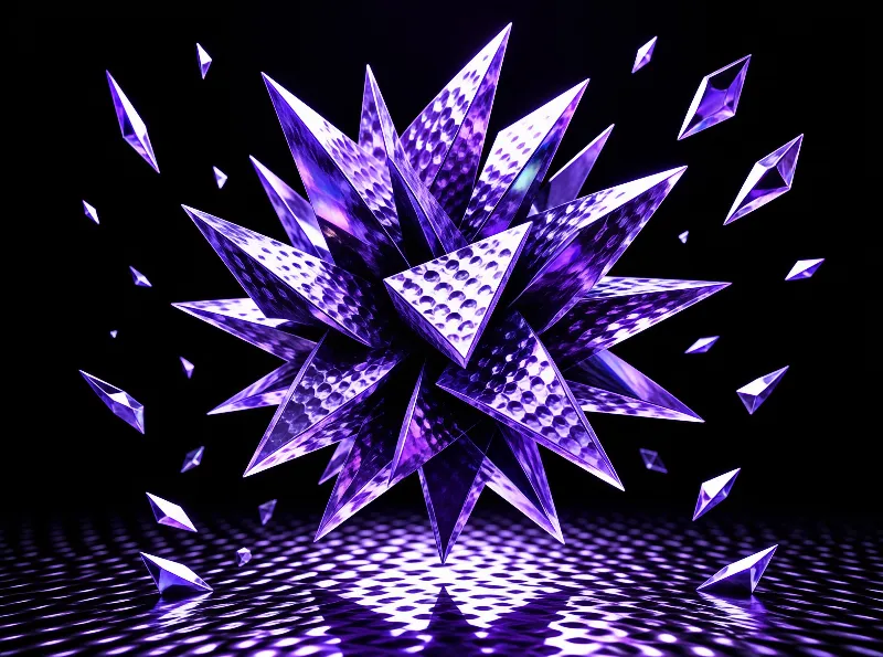 A spiky purple gem star shatters into floating shards above a rippled reflective surface against pure black