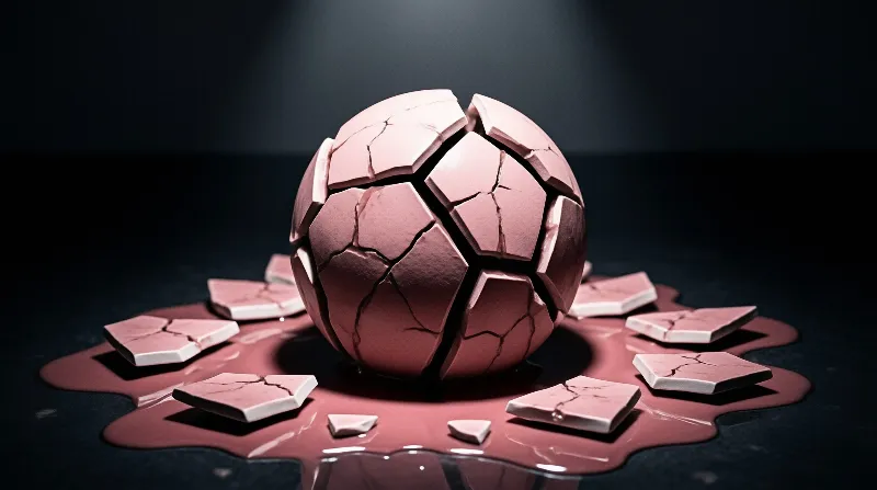 A broken pink sphere sits in liquid surrounded by scattered shell fragments.