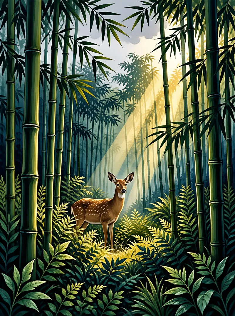 A spotted deer stands in a bamboo forest as sunlight beams through green stalks, illuminating the undergrowth.