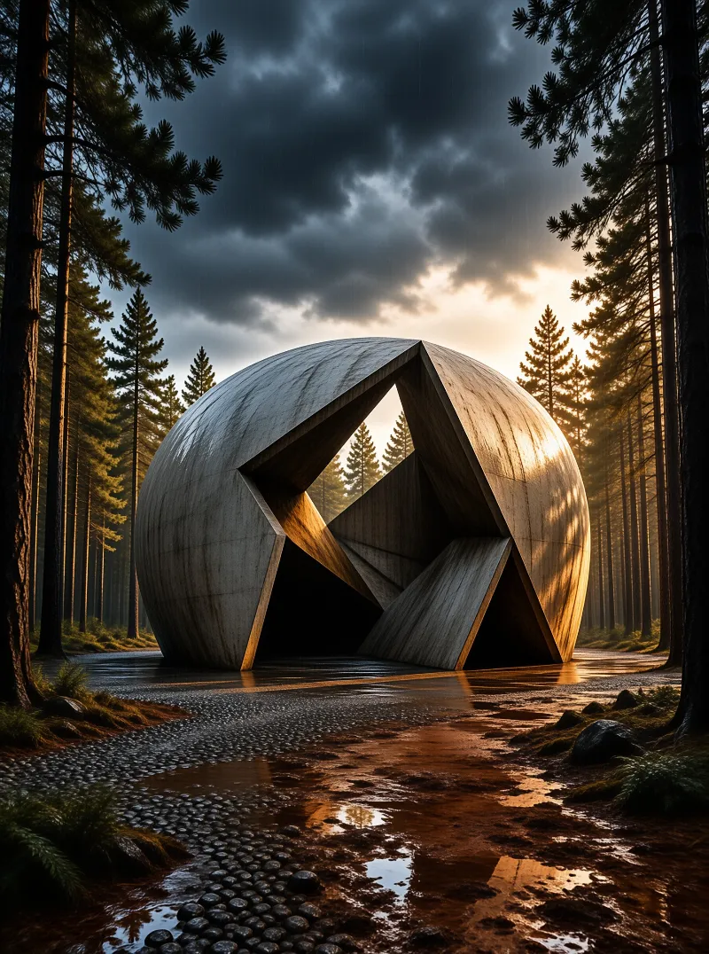 A massive carved concrete sphere sits in a pine forest as golden light breaks through storm clouds