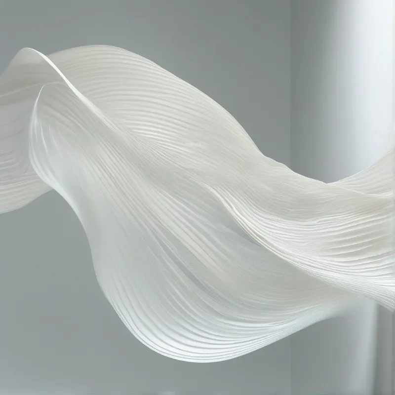 A white sculptural form made of fine parallel strands curves gracefully through a minimalist gray interior with soft lighting.
