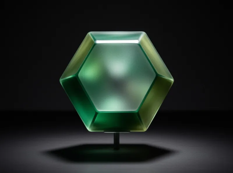 A faceted jade-green crystal hexagon floats on a thin pedestal, lit from behind against a black studio void.