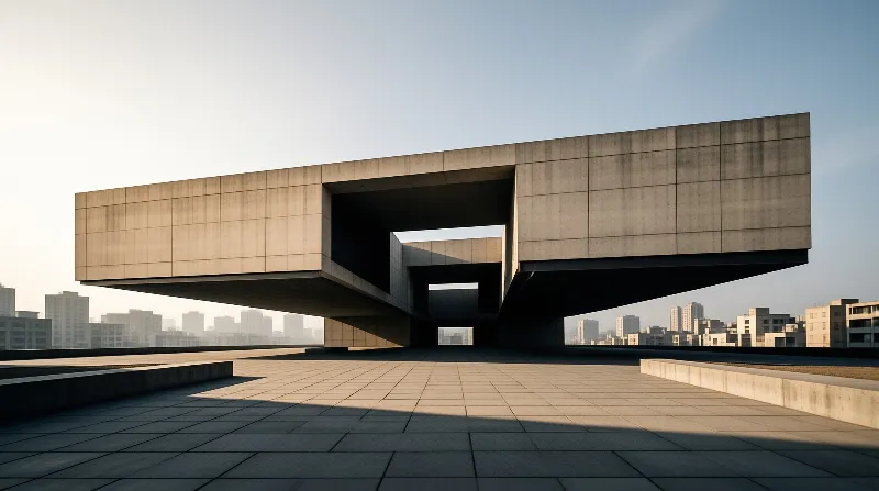 A massive concrete archway stands over a tiled plaza with a distant city skyline visible under a clear sky.