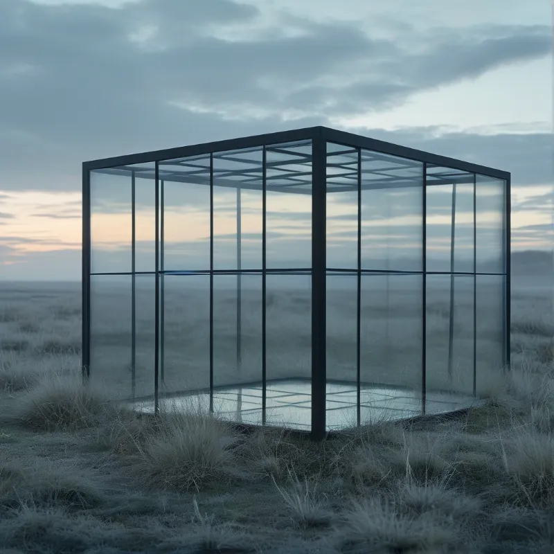 A modern glass cube structure stands alone in a frosty grassy field under a cloudy twilight sky.