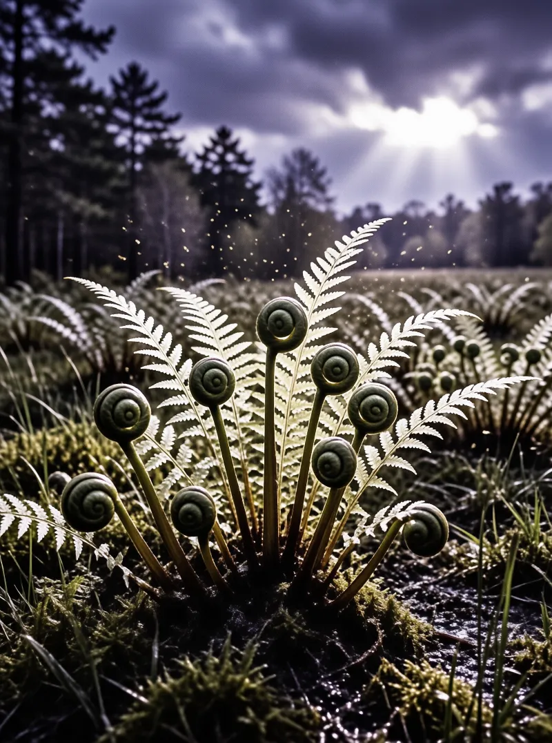 Spiral plant fronds emerge from damp earth in a wooded area bathed in dramatic rays piercing through the gloomy sky.