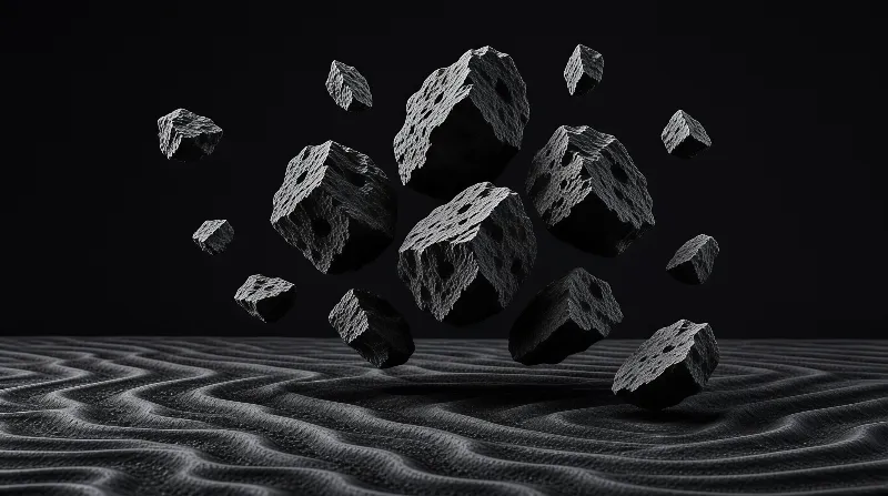 Rough black stones hover above a dark rippled ground against a pure black backdrop, lit with stark contrast
