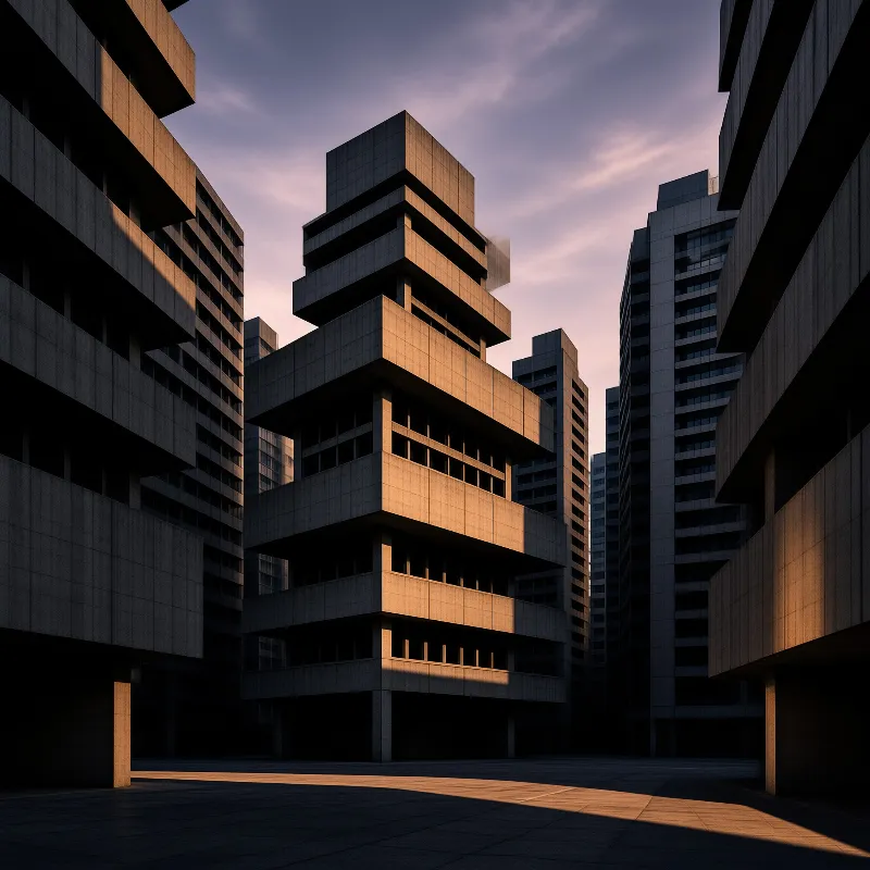 Brutalist Towers in Dusk Light