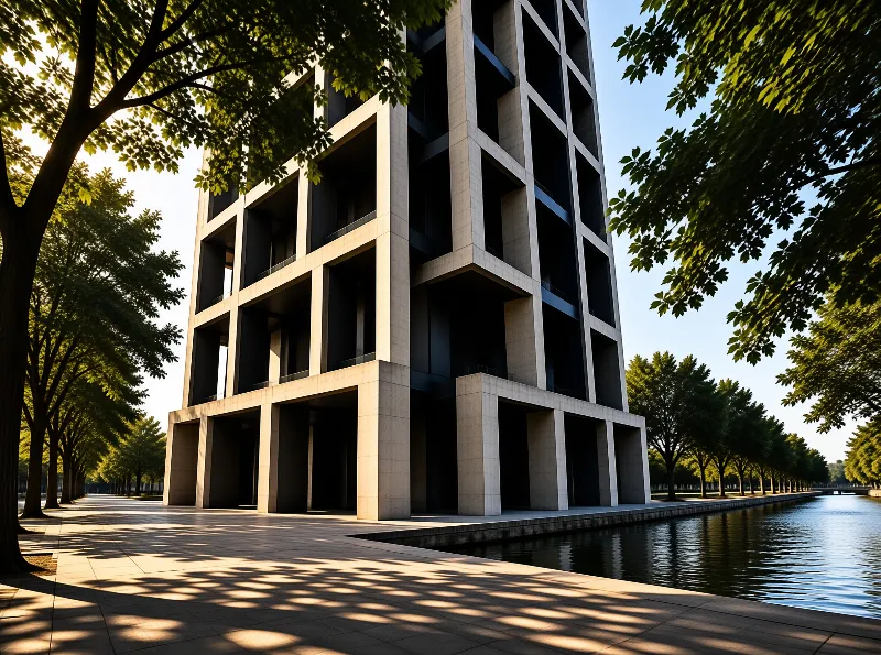 A tall geometric building stands next to a calm body of water surrounded by trees casting dappled shadows on the pavement.