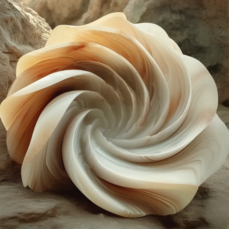 A sculpted beige and orange floral form rests upon rough sandy terrain in warm sunlight.