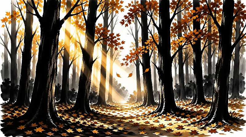 Tall trees with orange foliage stand in a sunlit autumn forest golden rays illuminating the path covered in fallen leaves