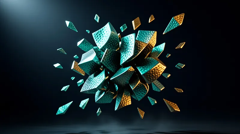 Faceted cyan and gold metallic fragments burst outward in dark blue gradient space with sharp textured geometric forms.