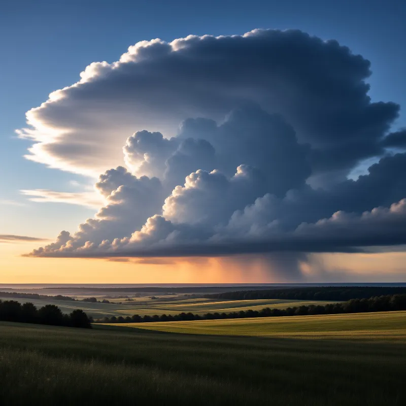 Tower dark clouds hover over a rural landscape with sunbeams piercing through the bottom edge during sunset.