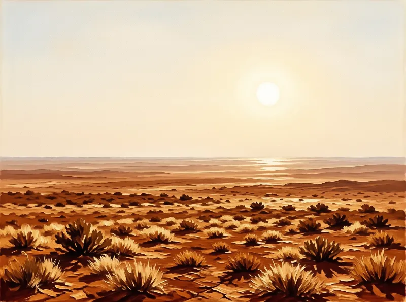 Golden cacti dot the desert floor under a pale sun, with rolling dunes stretching to the horizon in warm earth tones.