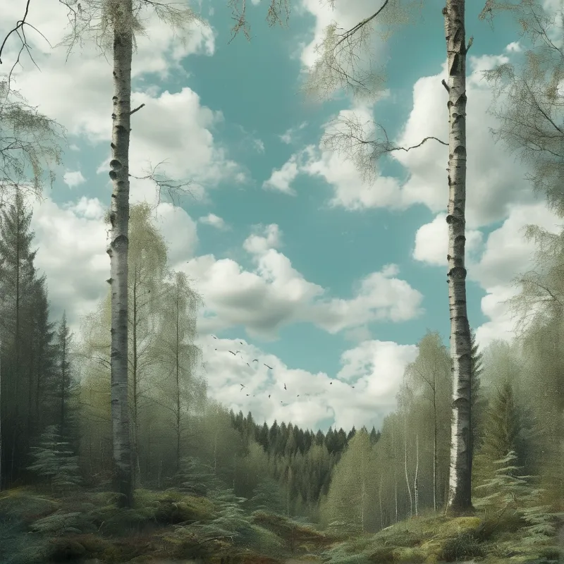White birch trees frame a misty forest view under a bright blue sky with scattered clouds.