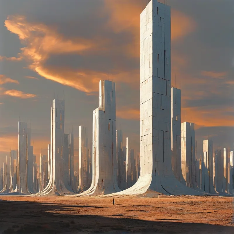 Rows of towering white monoliths stand on barren ground beneath a glowing orange sky.