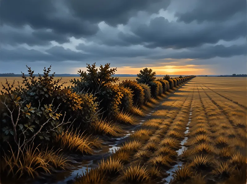 Rows of shrubs border a flooded plain as amber sunset light glows beneath heavy storm clouds across an open landscape.