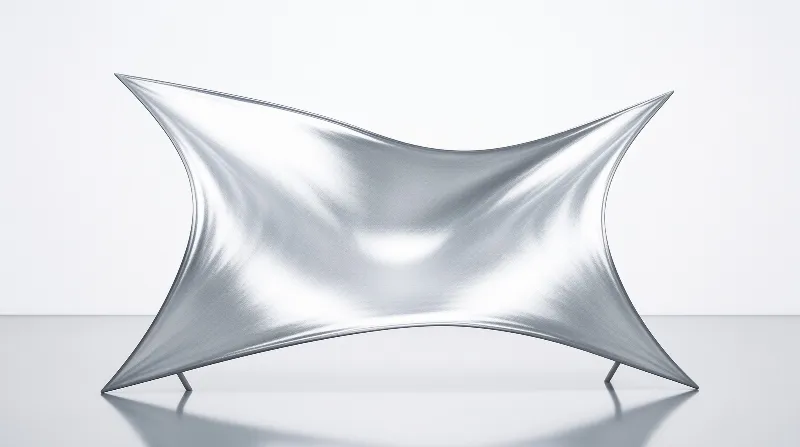 A sleek reflective metallic sculpture stands on a glossy white floor its curved form catching soft studio lighting