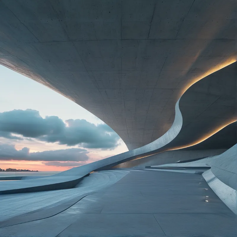 A sweeping concrete structure overlooks a coastal horizon during twilight with embedded warm lighting tracing the curves.