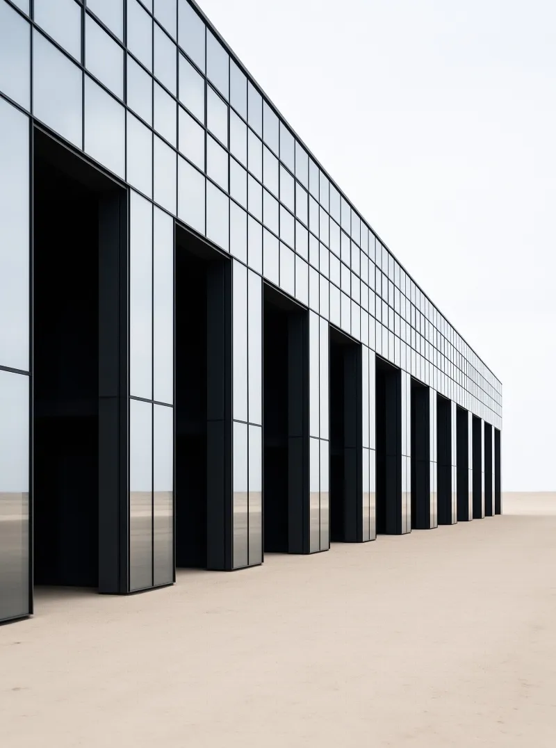 A long modern glass building with dark vertical pillars stands on a flat sandy ground under an overcast sky.