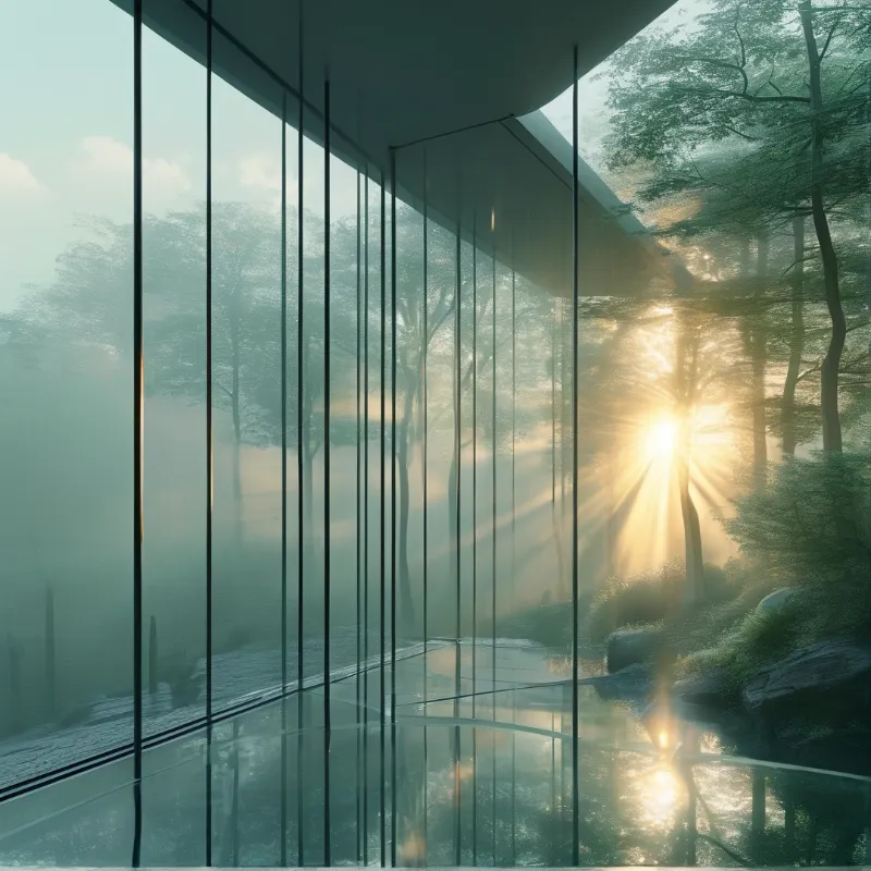 Floor to ceiling glass facade overlooks a foggy woodland with golden sun rays filtering through trees into the interior.