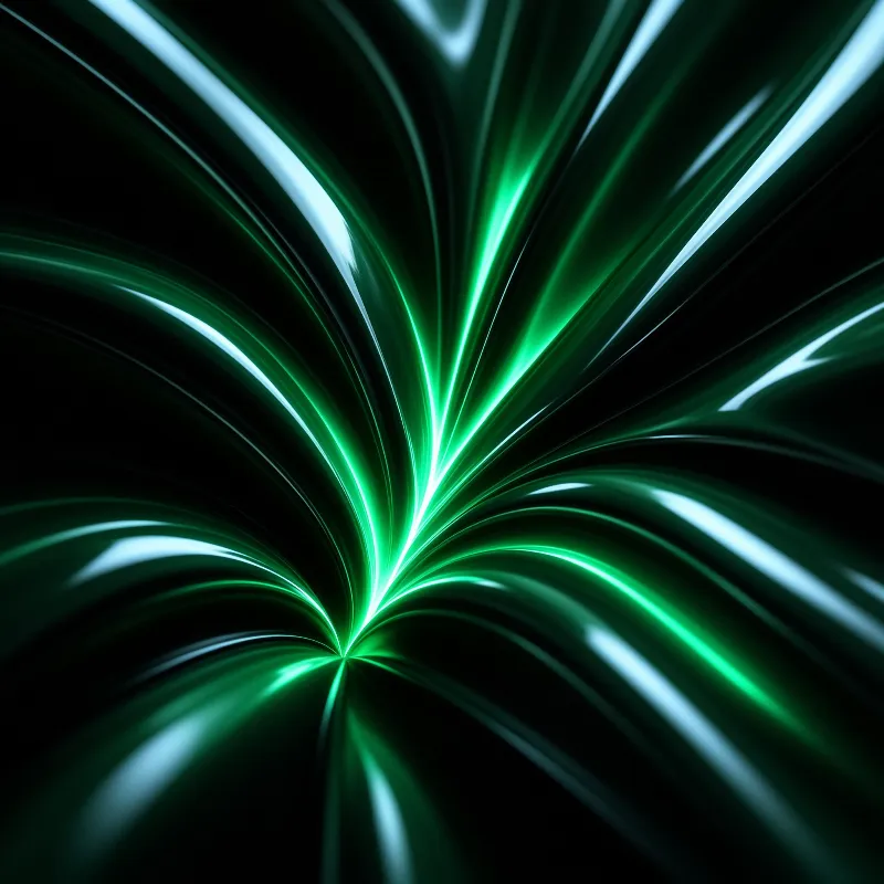 Glowing filaments fan outward from a bright centre across a black field, fading toward deep green at the edges