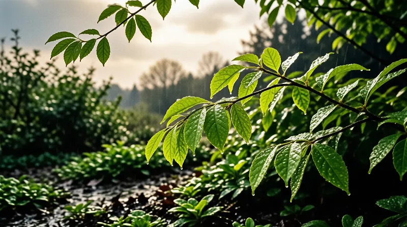 Fresh green tea leaves covered in water droplets glow against a blurred background of trees under bright sunlight.