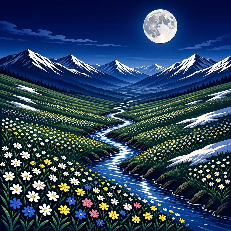 A winding blue river flows through colorful wildflowers with snowy mountains and a large full moon in the dark sky.