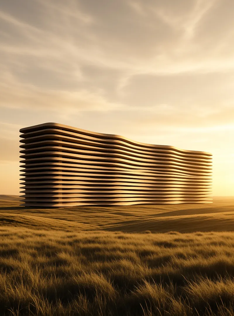 A horizontally stratified wavy facade building sits on rolling golden grassy hills under warm sunset light.