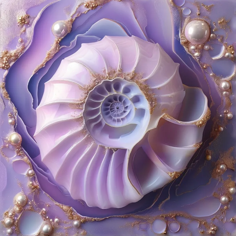 A pale lilac iridescent spiral nautilus shell sits centered in swirled purple liquid accented with gold dust and scattered pearl droplets.