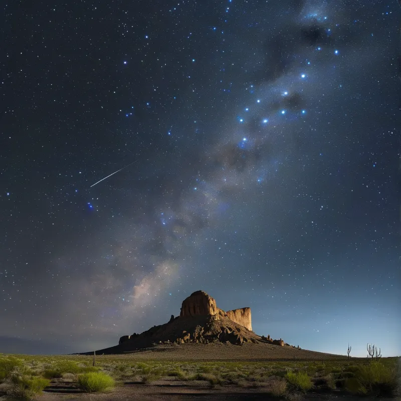 A massive red rock formation rises from the desert floor beneath a dense field of stars and the Milky Way.