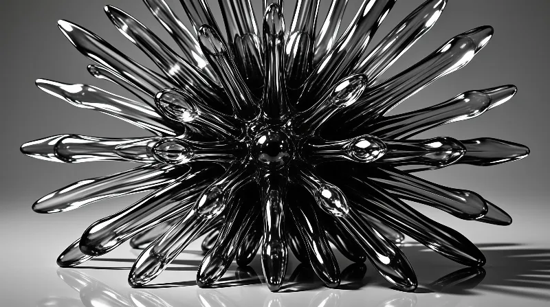 A black glass sculpture with many teardrop petals radiates from a central sphere on a reflective surface.