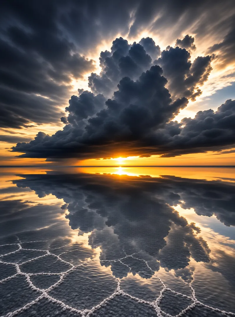 A towering storm cloud and setting sun mirror across a shallow salt flat patterned with pale geometric ridges
