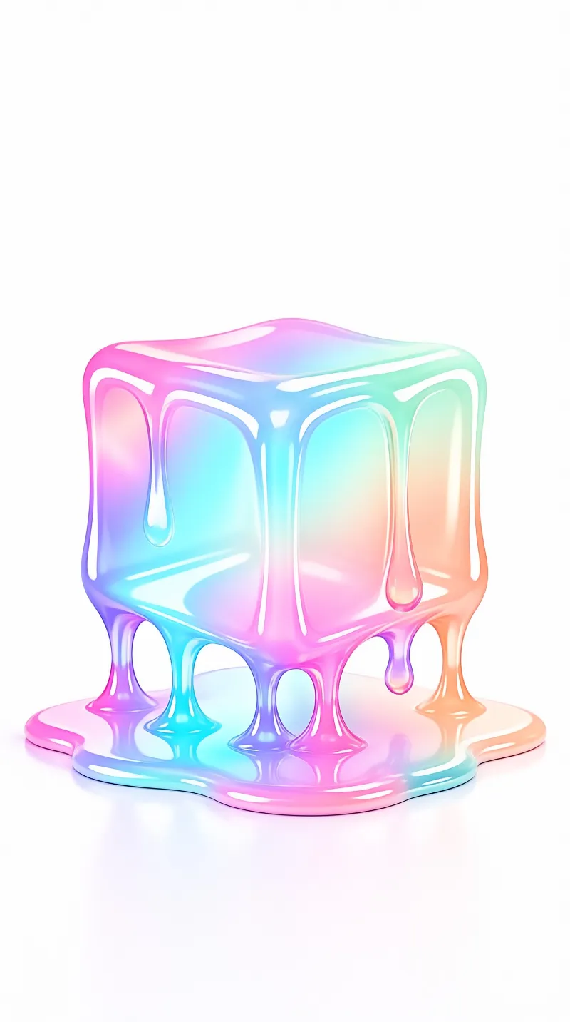 A glossy cube in pastel colors is melting, with drips flowing down its sides and pooling on the white surface.