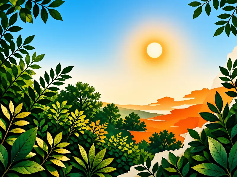 Dense green branches surround the view while a bright sun illuminates distant orange mountains.