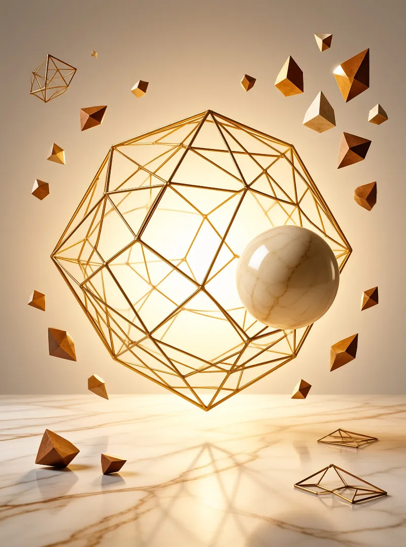 A large gold geometric wireframe hovers over a marble surface while holding a smooth white sphere inside its structure.