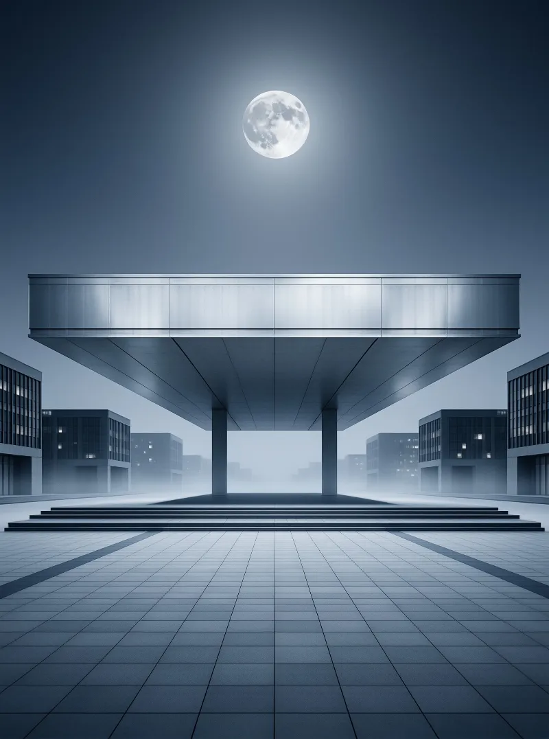 A large platform supported by pillars stands above a tiled plaza with a full moon in the blue sky above misty buildings.
