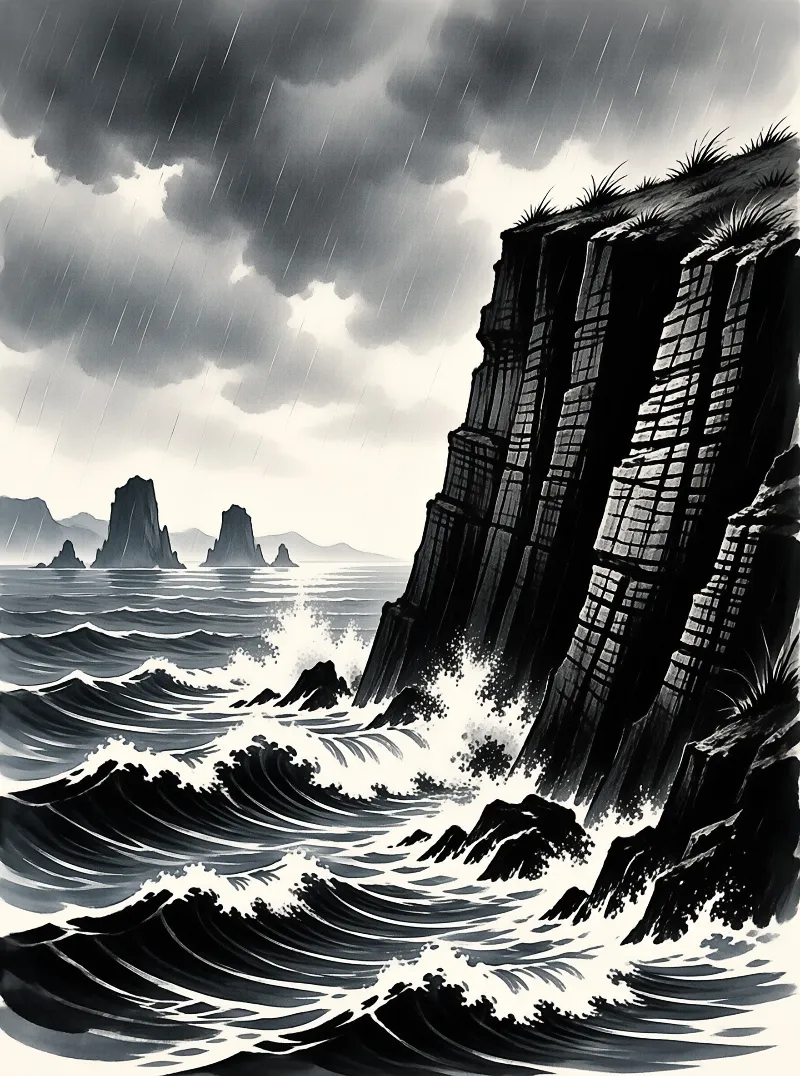 Monochrome art of a layered coastal cliff struck by crashing surf under heavy rain and dark storm clouds