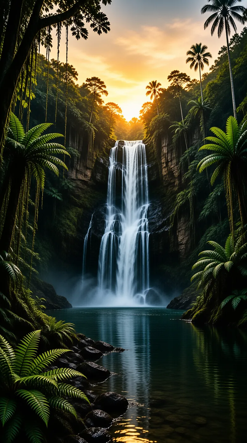 A large waterfall cascades down rocky cliffs into a blue pool surrounded by tropical vegetation under a warm orange sky.