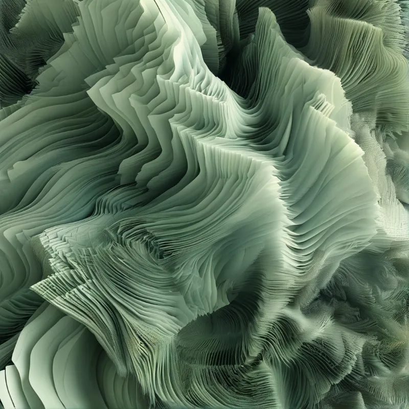 Intricate sage green geological formations create a textured landscape with deep shadowed crevices.