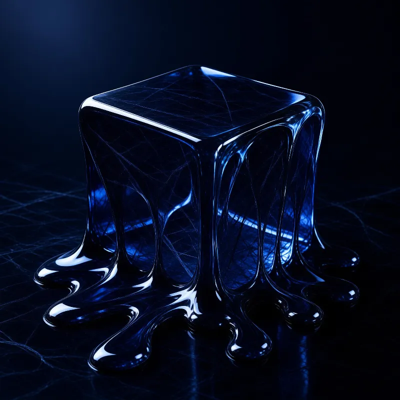 A glossy dark blue cube melts into a puddle of liquid on a reflective black surface with bright highlights.