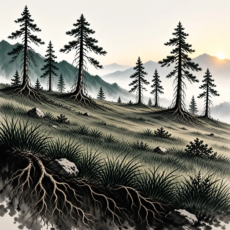 Gnarled pine trees with visible roots grow on sloped grassland, with warm dawn light rising over hazy distant mountains.