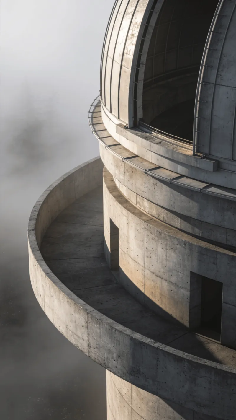 Observatory with Curved Concrete — Foggy Morning