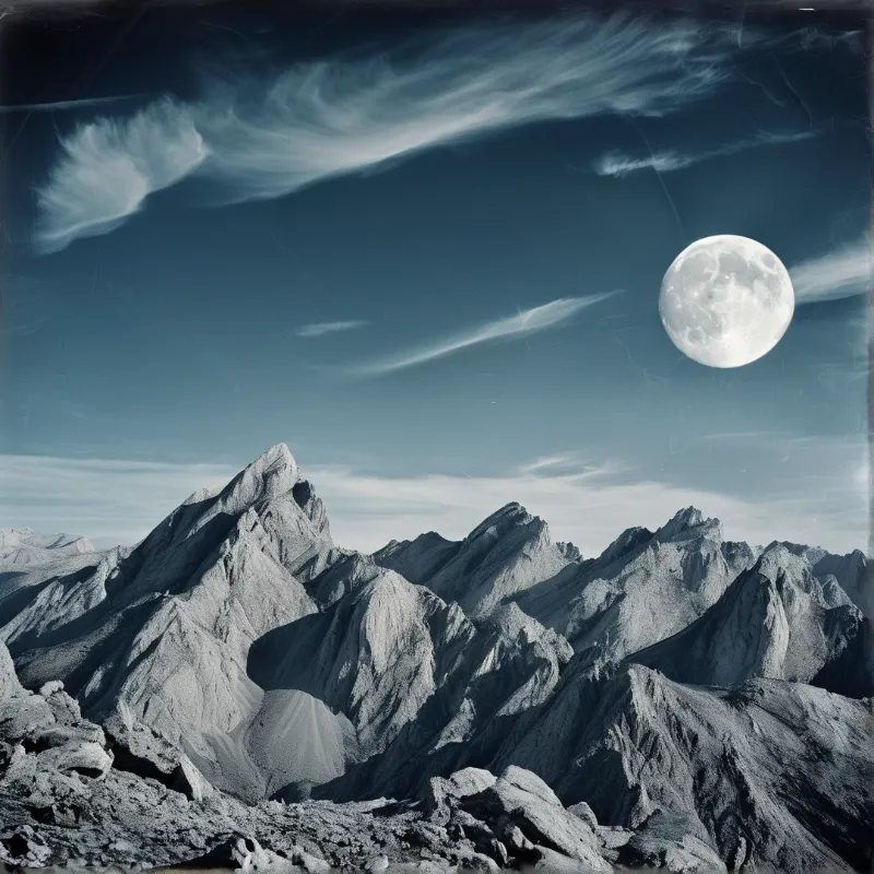 A bright full moon sits in the pale blue sky over sharp barren rocky mountain ridges streaked with thin wispy clouds.