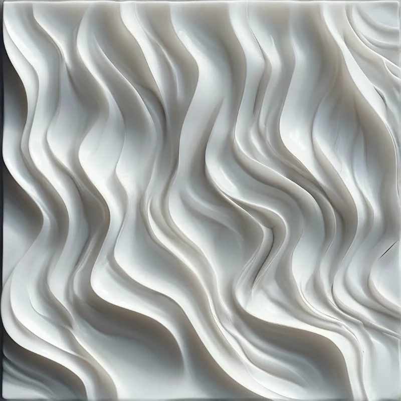 A close-up view of undulating white plaster waves casting subtle shadows under even lighting