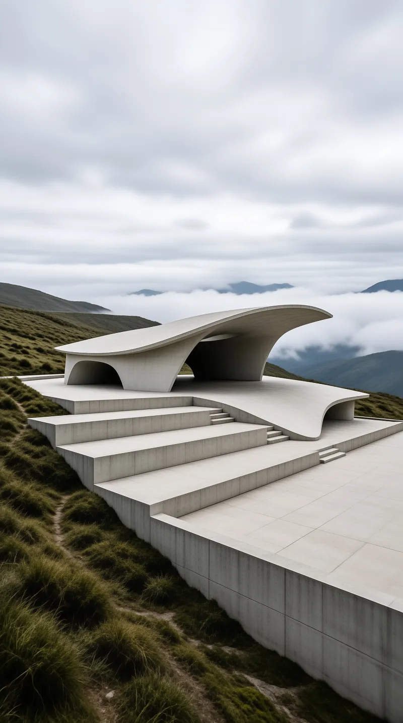 A white concrete pavilion with a sweeping wing roof sits on a grassy mountain ridge above clouds under an overcast sky.