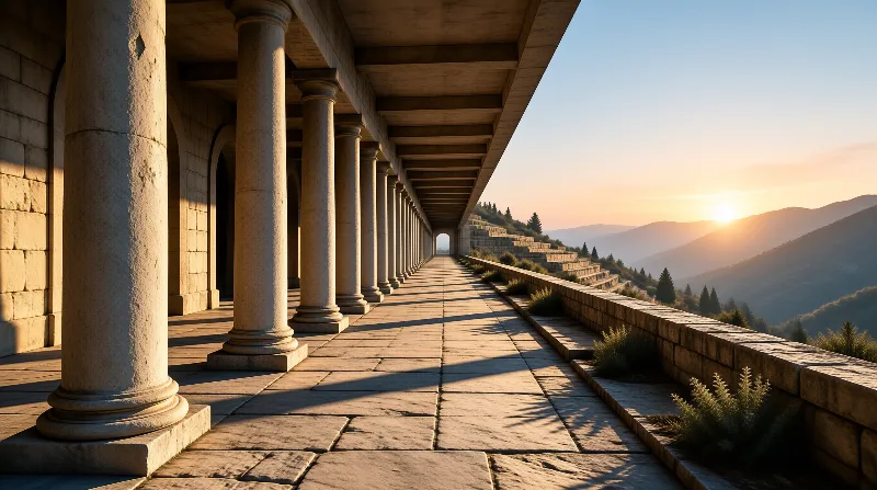 Rows of stone columns create a long shaded walkway overlooking a mountainous landscape with a bright sun near the horizon.