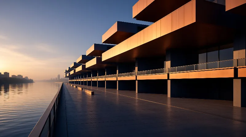 Modern cantilevered architecture stands beside a calm river at sunset with shadows on paved waterfront walkway.