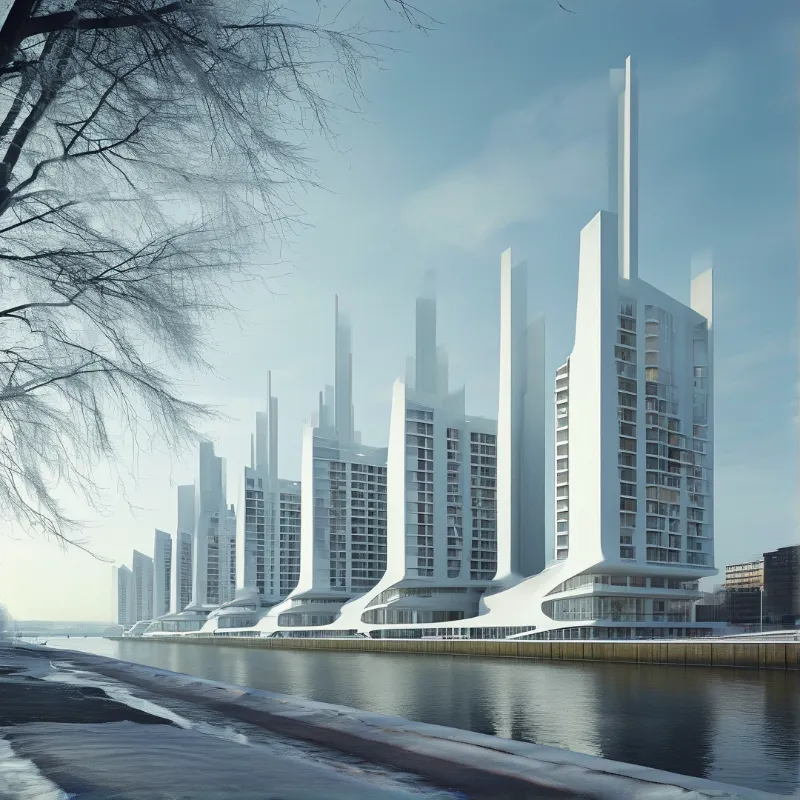 Sleek white towers with sweeping curved bases line a calm river, framed by frosty bare branches in pale winter light.